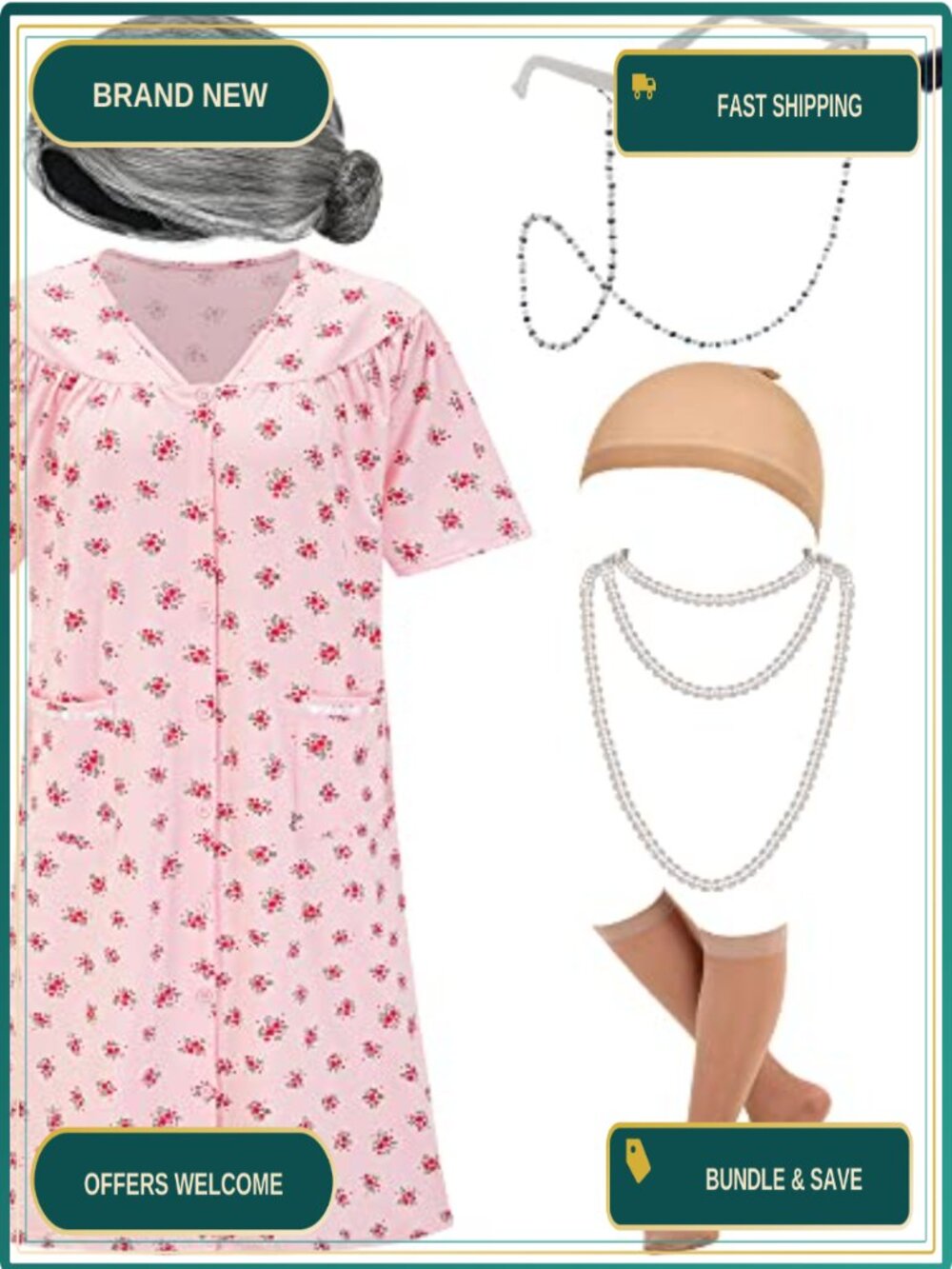 Old Lady Costume Set Wig Dress Glasses Cane Pearls Socks Halloween
